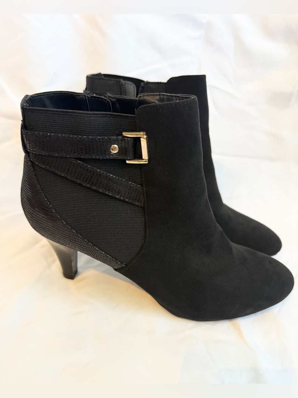 Karen Scott Black Faux Suede Ankle Boots with Gold Buckle Size 10 Never Worn